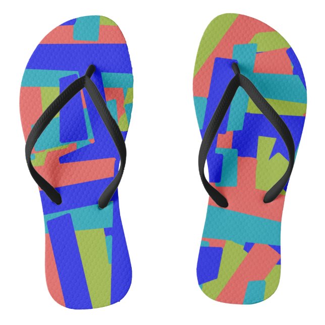 Bright Bold Blue Green Coral Abstract Patches Flip Flops (Footbed)