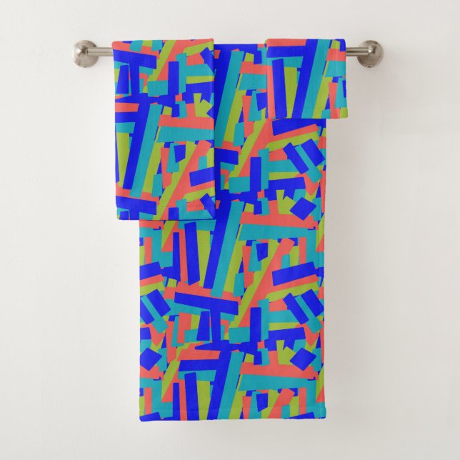Bright Bold Blue Lime, Coral Abstract Patches Bath Towel Set (Insitu)