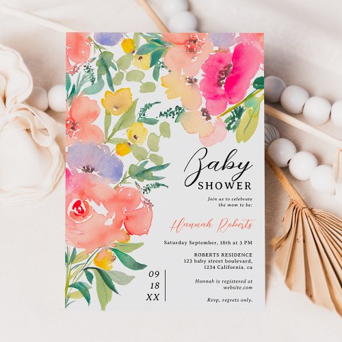 Bright bold boho garden floral baby shower invitation