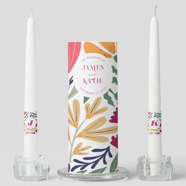 Bright & Bold Boho Retro Abstract Floral Wedding Unity Candle Set (Front)