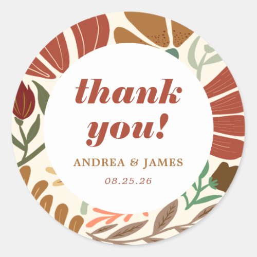Bright Bold Boho Terracotta Floral Thank You Classic Round Sticker