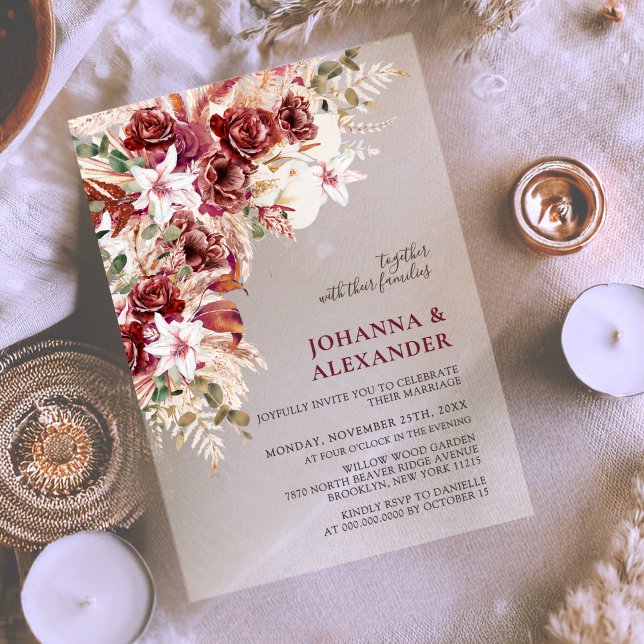 Bright Bold Burgundy & Terracotta Boho Wedding Acrylic Invitations (Creator Uploaded)