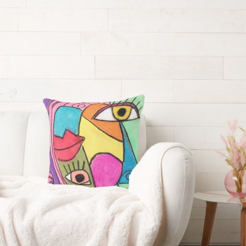 Bright Bold Color Block Abstract Eyes Lips Cubism Throw Pillow