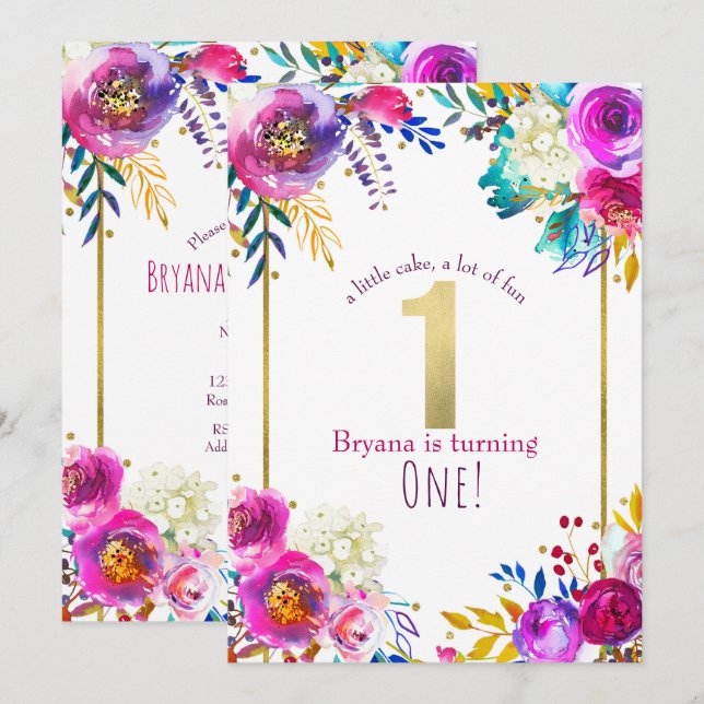 Bright Bold Colorful Floral Modern 1st Birthday Invitation (Front/Back)