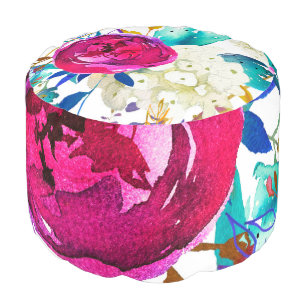 Bright Bold Colorful Floral Modern Botanical Pouf