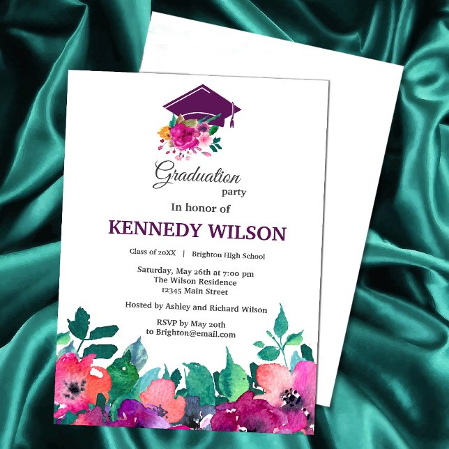 Bright & Bold Colorful Florals Graduation Invitation (Celebrate your graduate’s big day with this elegant floral watercolor invitation. #Zazzlegraduation)