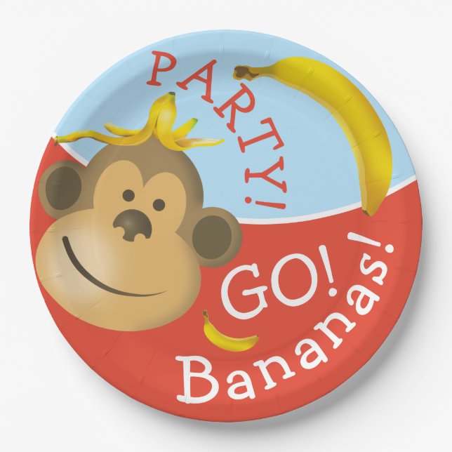 Bright Bold Colorful Go Bananas Monkey Party Paper Plates (Front)
