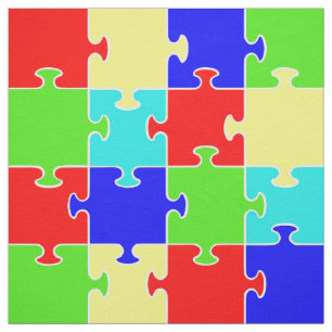 Bright Bold Colorful Jigsaw Puzzle Themed Print Fabric
