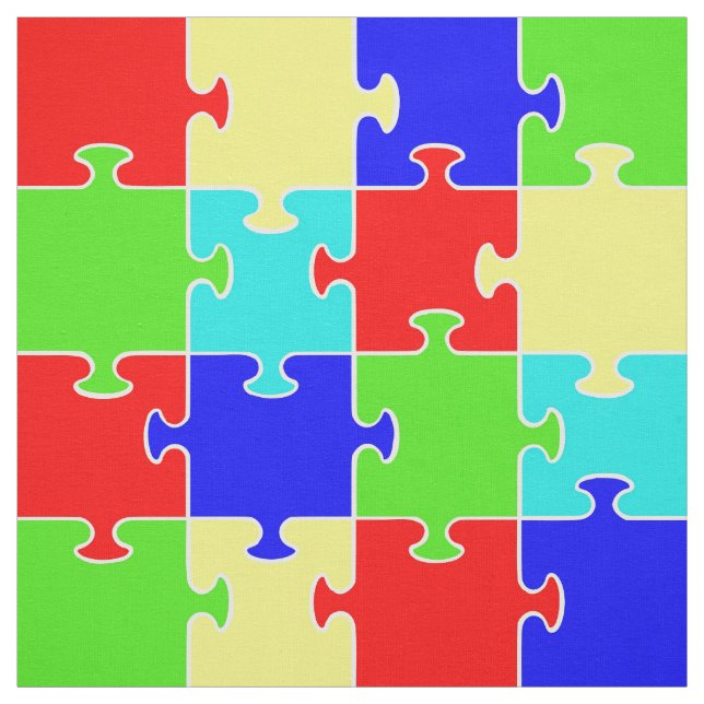 Bright Bold Colorful Jigsaw Puzzle Themed Print Fabric (Swatch)