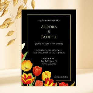 Bright & Bold Colorful Tulips Black Spring Wedding Foil Invitation