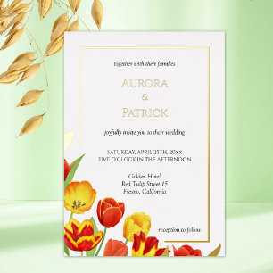 Bright & Bold Colorful Tulips White Spring Wedding Foil Invitation