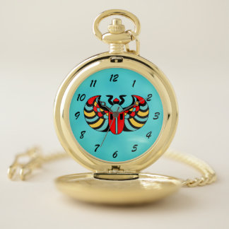 Bright Bold Egyptian Scarab Beetle on Aqua Blue Pocket Watch