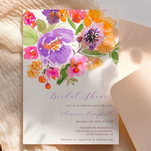 Bright bold fall floral watercolor bridal shower invitation