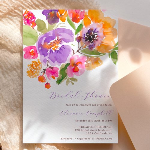 Bright bold fall floral watercolor bridal shower invitation