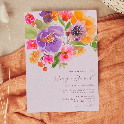 Bright bold fall floral watercolor photo wedding invitation