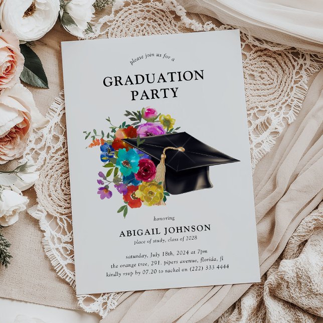 Bright & Bold Floral Cap Graduation Party Invitation (Creator Uploaded)
