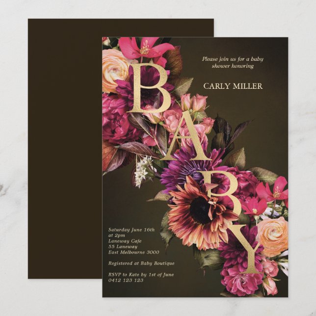 Bright Bold Floral Gold Baby Shower  Invitation (Front/Back)