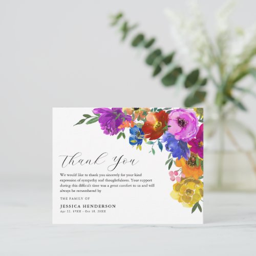 Bright  Bold Floral Sympathy Funeral Memorial Thank You Card