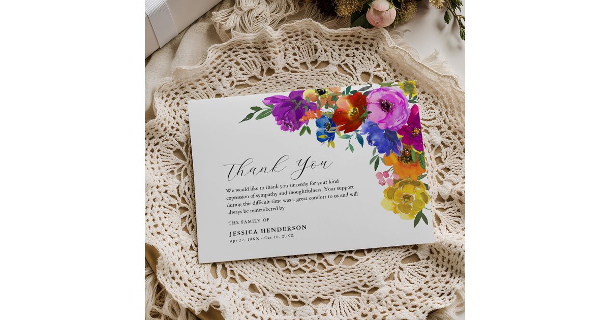 Bright & Bold Floral Sympathy Funeral Memorial Thank You Card | Zazzle