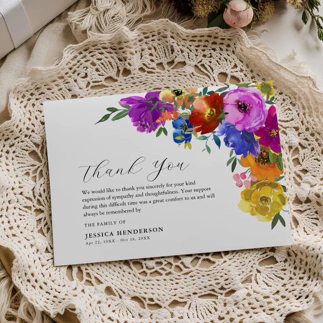 Bright & Bold Floral Sympathy Funeral Memorial Thank You Card | Zazzle