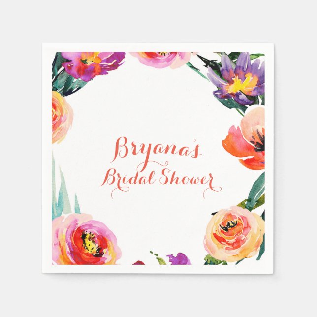 Bright Bold Floral Wreath Watercolor Bridal Shower Napkins (Front)