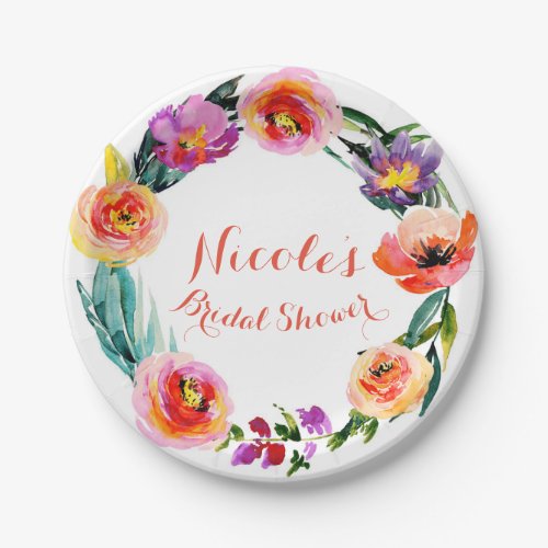 Bright Bold Floral Wreath Watercolor Bridal Shower Paper Plates