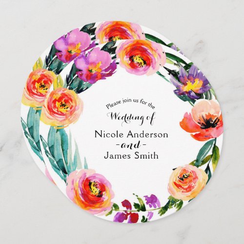 Bright Bold Floral Wreath Watercolor Wedding Invitation