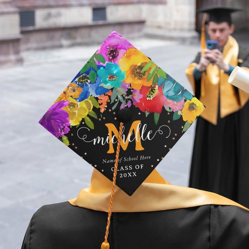 Bright  Bold Florals Monogram Graduation Graduate Graduation Cap Topper
