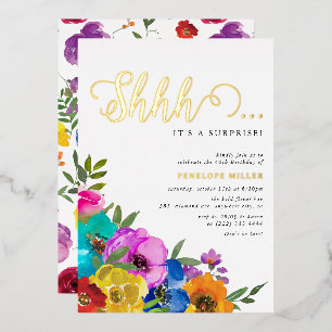 Bright & Bold Florals Shhh Surprise Birthday Gold Foil Invitation