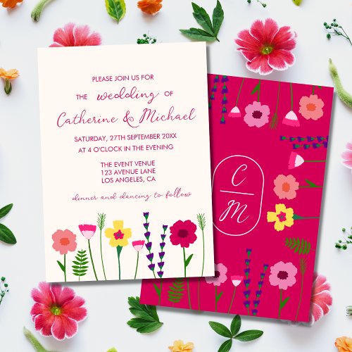 Bright  Bold Fuchsia Pink Floral Monogram Wedding Invitation