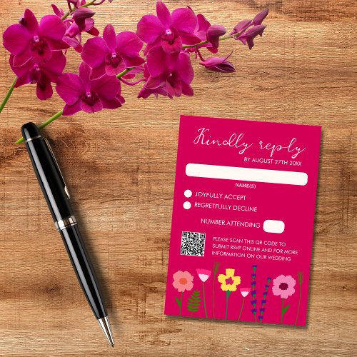 Bright  Bold Fuchsia Pink Floral Wedding QR Code RSVP Card