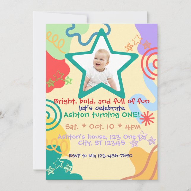 Bright, bold, fun 1st Birthday Invitation (Front)