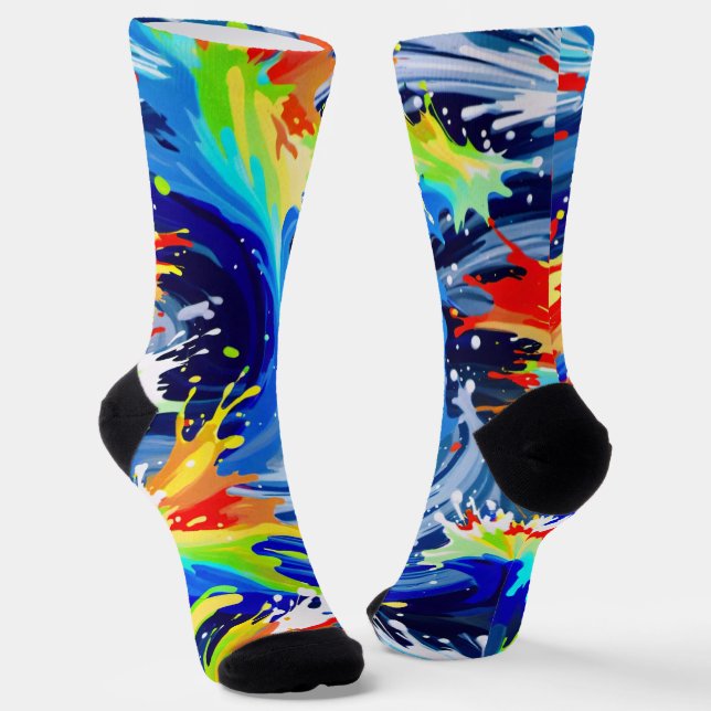 Bright Bold Fun Paint Splatter Swirl Asymmetrical Socks (Angled)