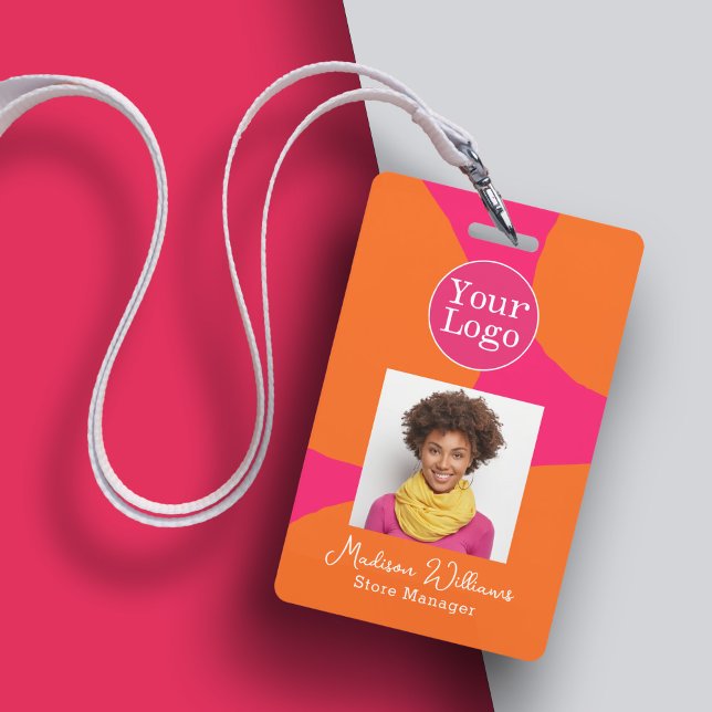 Bright Bold Hot Pink and Orange with Photo Badge (A bold and bright employee ID badge with cheerful colors of hot pink and orange.)