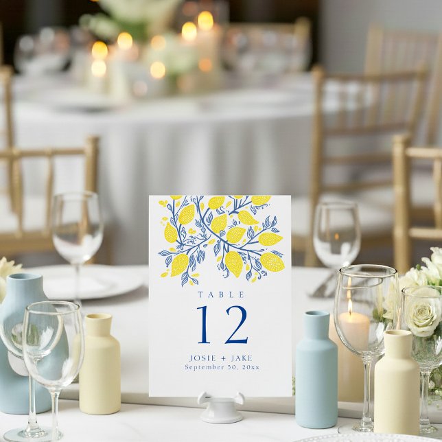 Bright bold lemon vines Table Number Seating Chart (Bright yellow and blue wedding table number place card.)