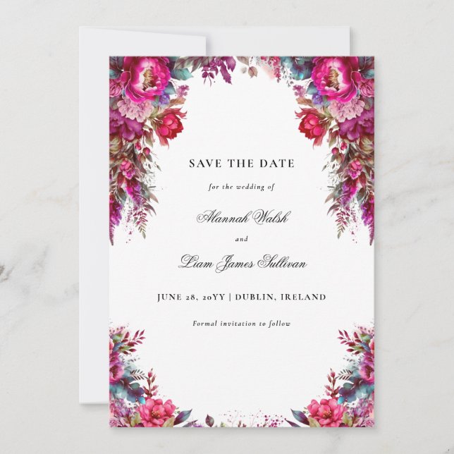 Bright Bold Magenta Floral & Photo Wedding Save The Date (Front)