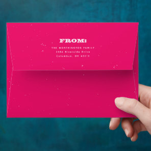 Bright bold magenta speckled return address envelope