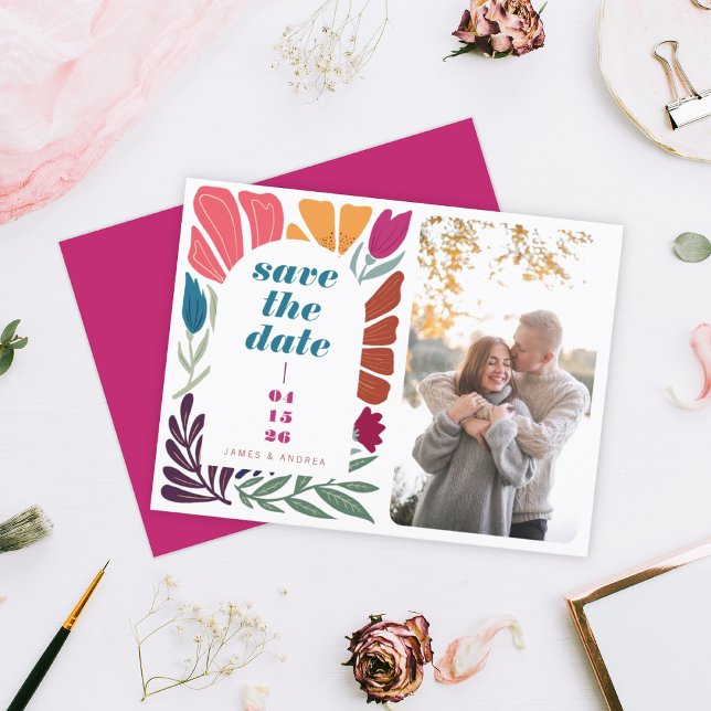 Bright Bold Multicolor Floral Save the Date Photo Announcement Postcard (Creator Uploaded)
