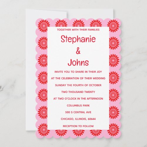 Bright Bold Orange Pink Retro Floral Boho Wedding Invitation