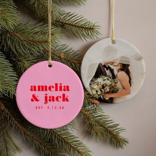 Bright Bold Pink and Red Modern Monogram Wedding Ceramic Ornament