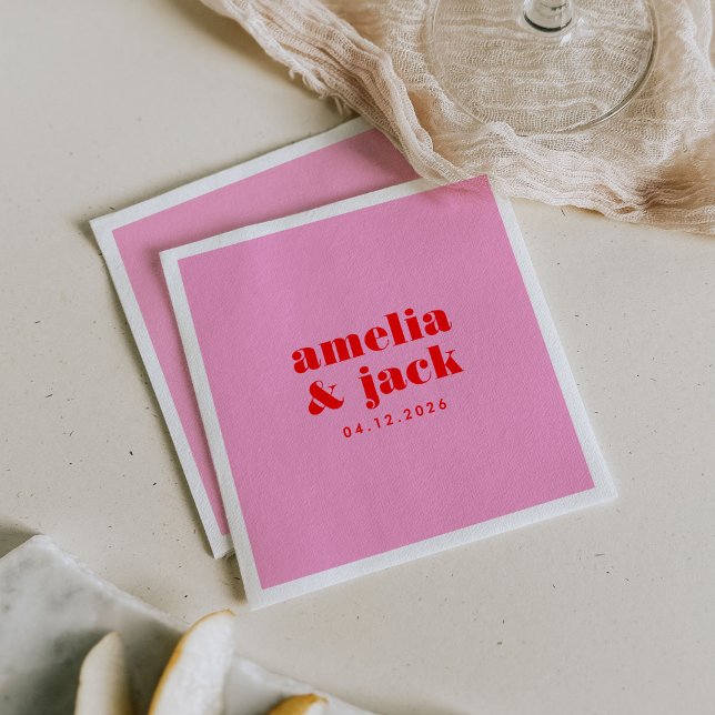 Bright Bold Pink and Red Modern Monogram Wedding Napkins (Bright Bold Pink and Red Modern Monogram Wedding Paper Cocktail Napkins)