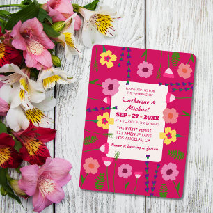 Bright & Bold Pink Colorful Floral QR Code Wedding Invitation