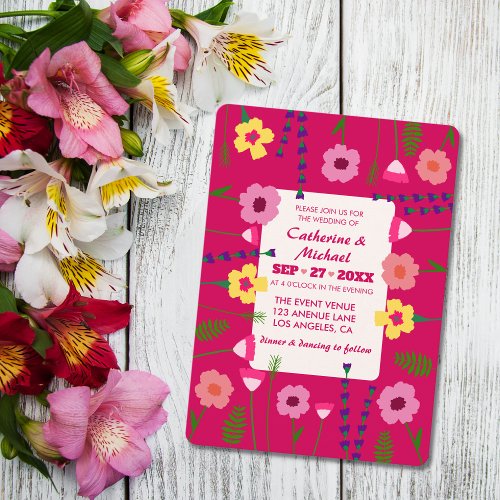 Bright  Bold Pink Colorful Floral QR Code Wedding Invitation