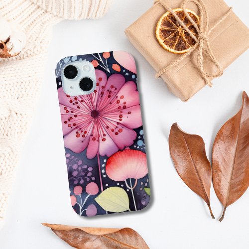 Bright Bold Pink Floral Watercolor Boho iPhone 15 Case