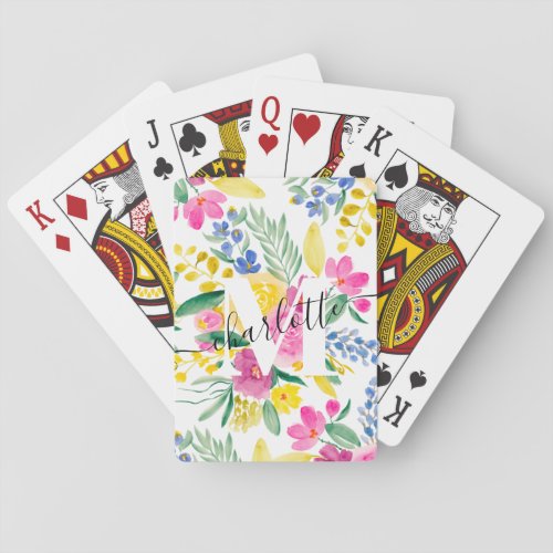 Bright bold pink floral watercolor monogram poker cards