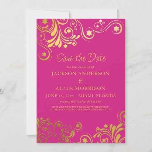 Bright Bold PInk Gold Flourish Photo Wedding Save The Date