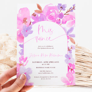 Bright bold pink purple floral quinceanera invitation