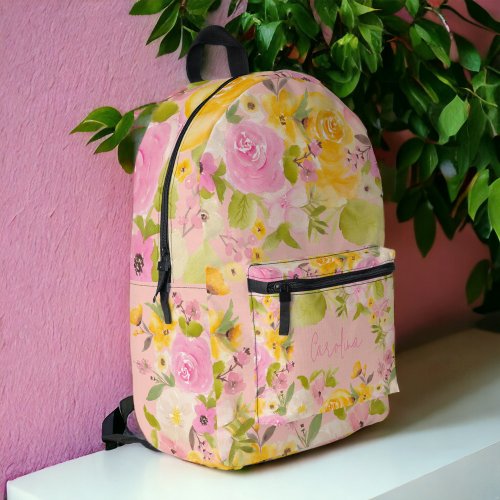 Bright bold pink yellow name summer floral printed backpack