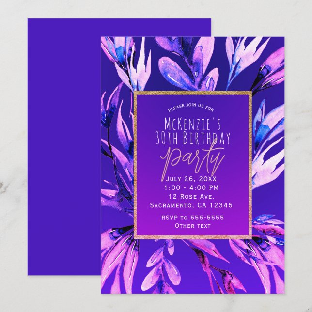 Bright Bold Purple Watercolor Botanical Glam Party Invitation (Front/Back)