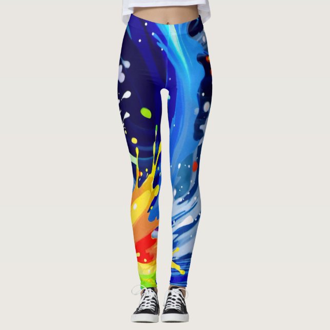Bright Bold Rainbow Paint Splatter Asymmetrical Leggings (Front)